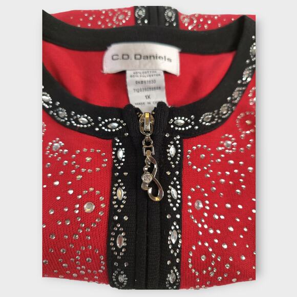 Women's C. D. Daniels Zip Up Rhinestone Red Cardigan Sweater Size 1X - Picture 7 of 7